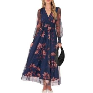 Floral Maxi V Neck Puff Long Sleeve Casual Dress Dark Blue